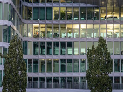 Modernes Bürogebäude mit beleuchteten Fenstern und Bäumen im Vordergrund.