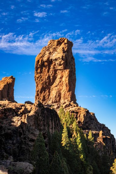 Hoher, imposanter Felsen vor klarem, blauem Himmel und umgeben von Nadelbäumen.